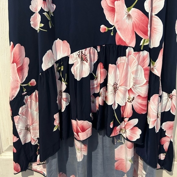 NWOT “Emi & Joe” Navy Hi Lo Ruffled Hem Knit Pink Floral Design Skirt - Picture 5 of 6